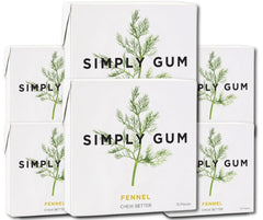 SIMPLY Gum fennel pack front shows plastic-free packaging and natural flavor.