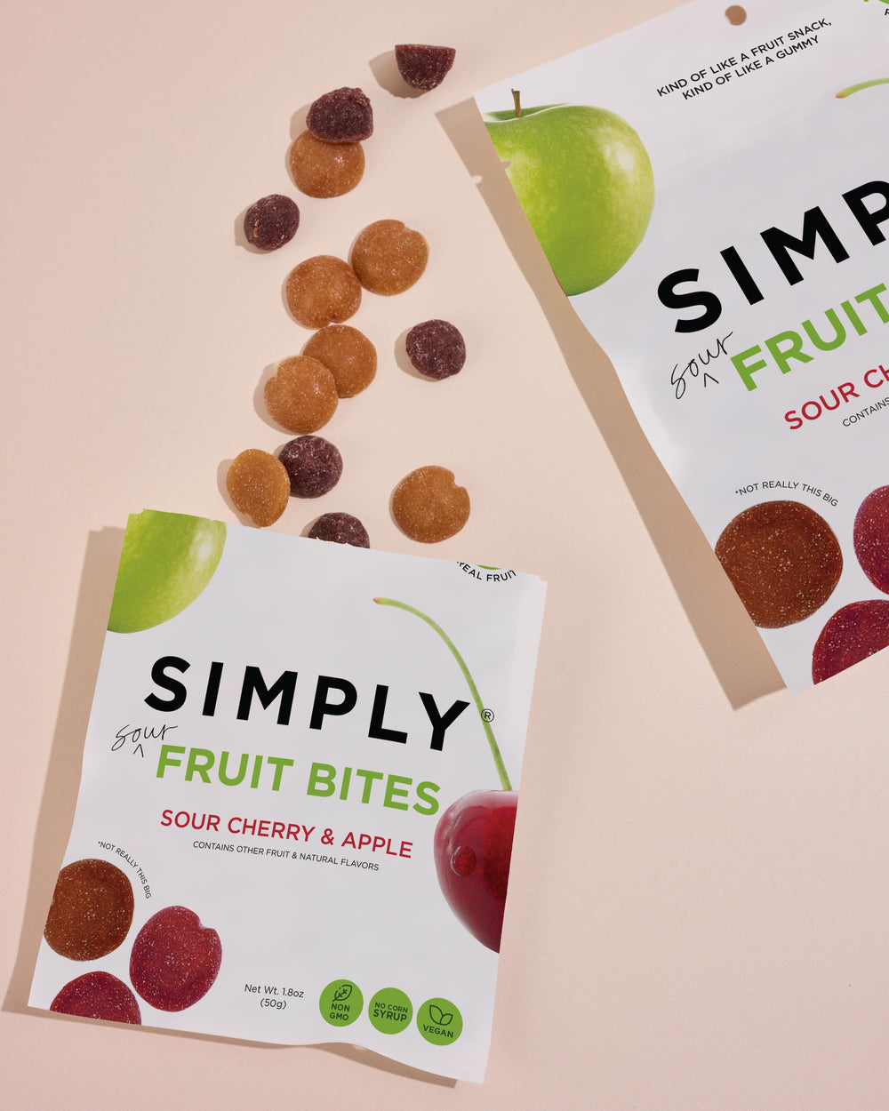 Simply Gum Fruit Bites gluten-free, kosher and non-GMO badges visible.