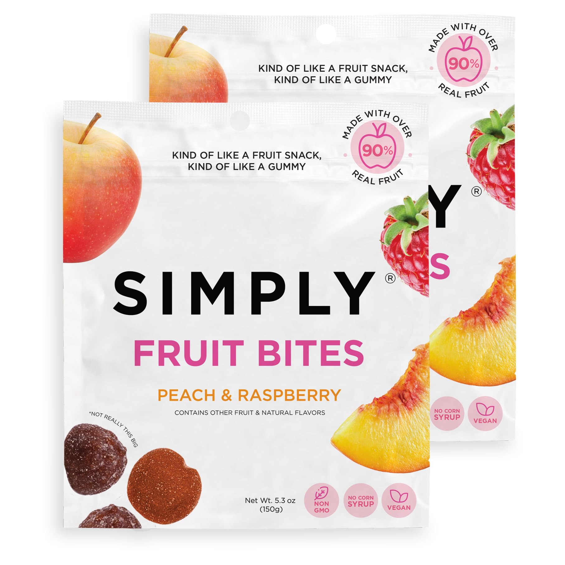 Simply Gum Fruit Bites peach and raspberry twin-pack front view for on-the-go snacking