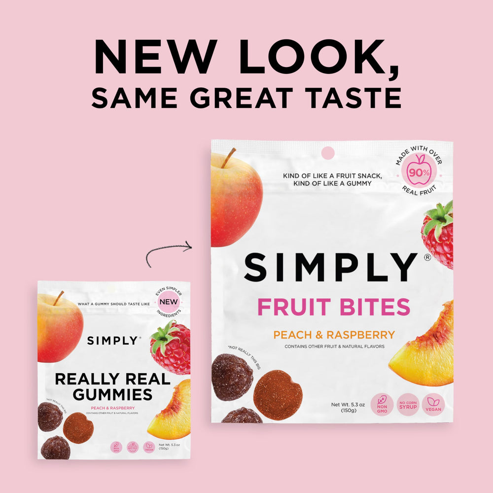 Two-pack packaging highlighted in peach-raspberry fruit bites