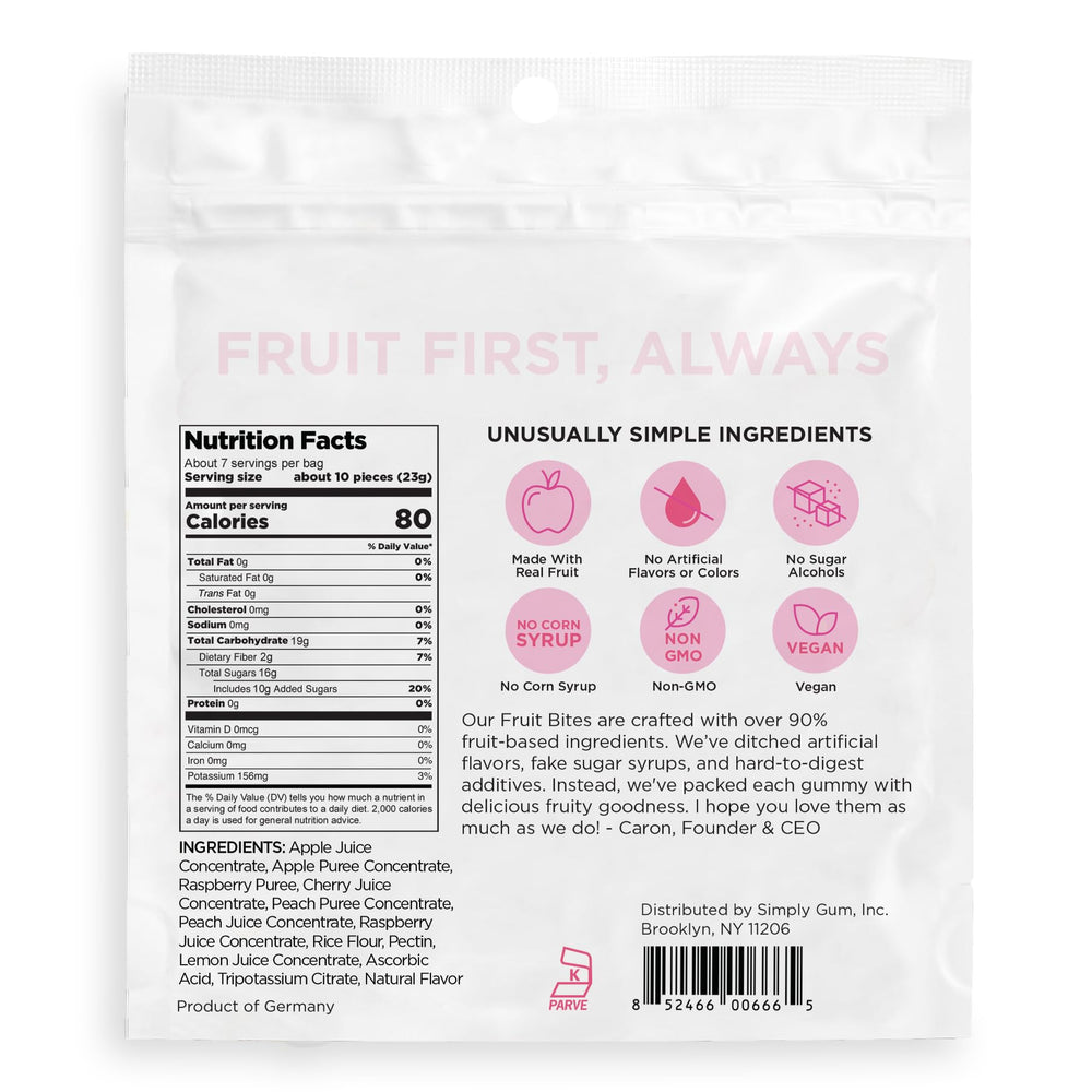 Simply Gum Fruit Bites peach and raspberry soft, chewy texture close-up