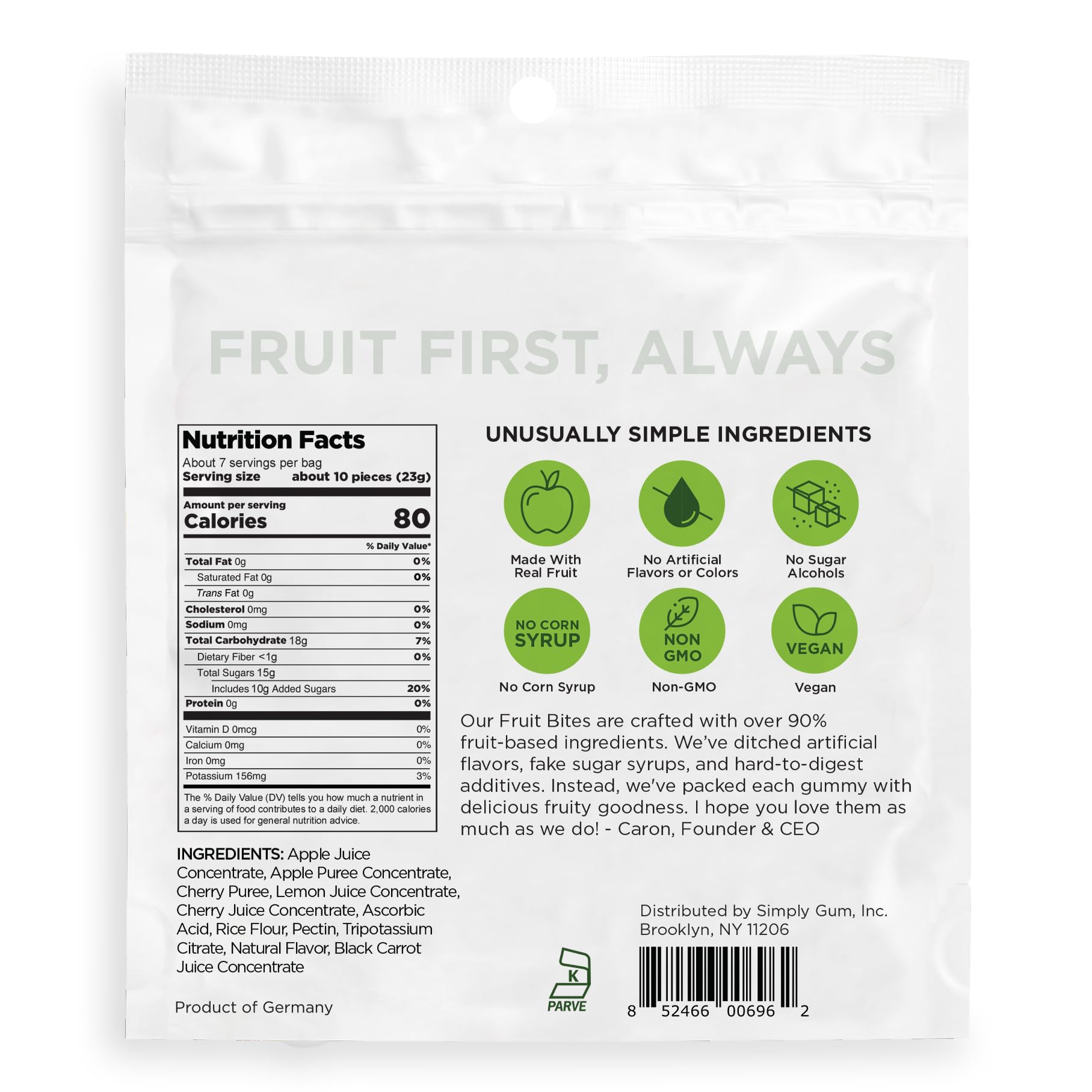 Simply Gum Fruit Bites real fruit puree ingredients visible on label; tasty and natural.