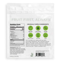 Simply Gum Fruit Bites real fruit puree ingredients visible on label; tasty and natural.