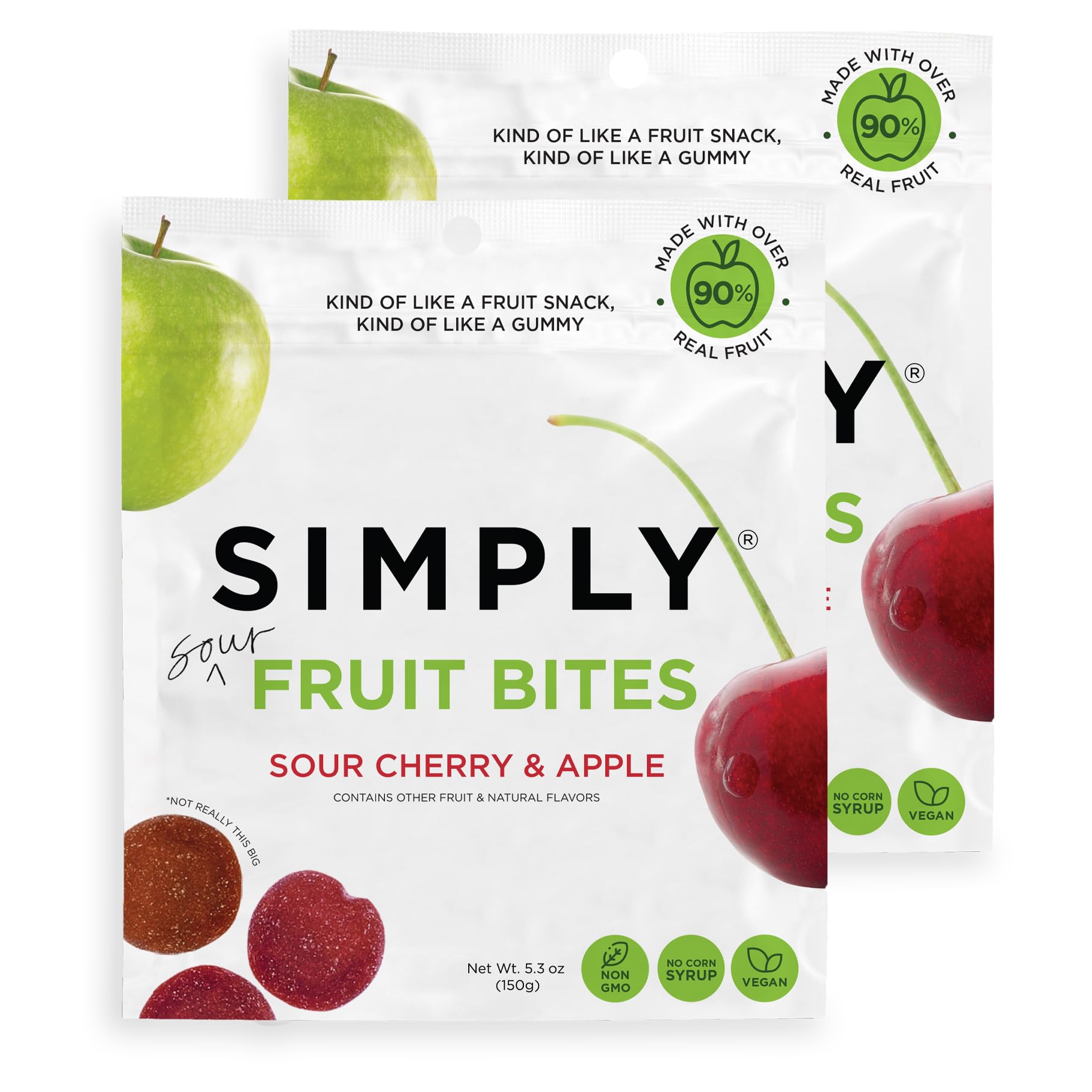 Simply Gum Fruit Bites Sour Cherry Apple pack on counter, clean label snack.