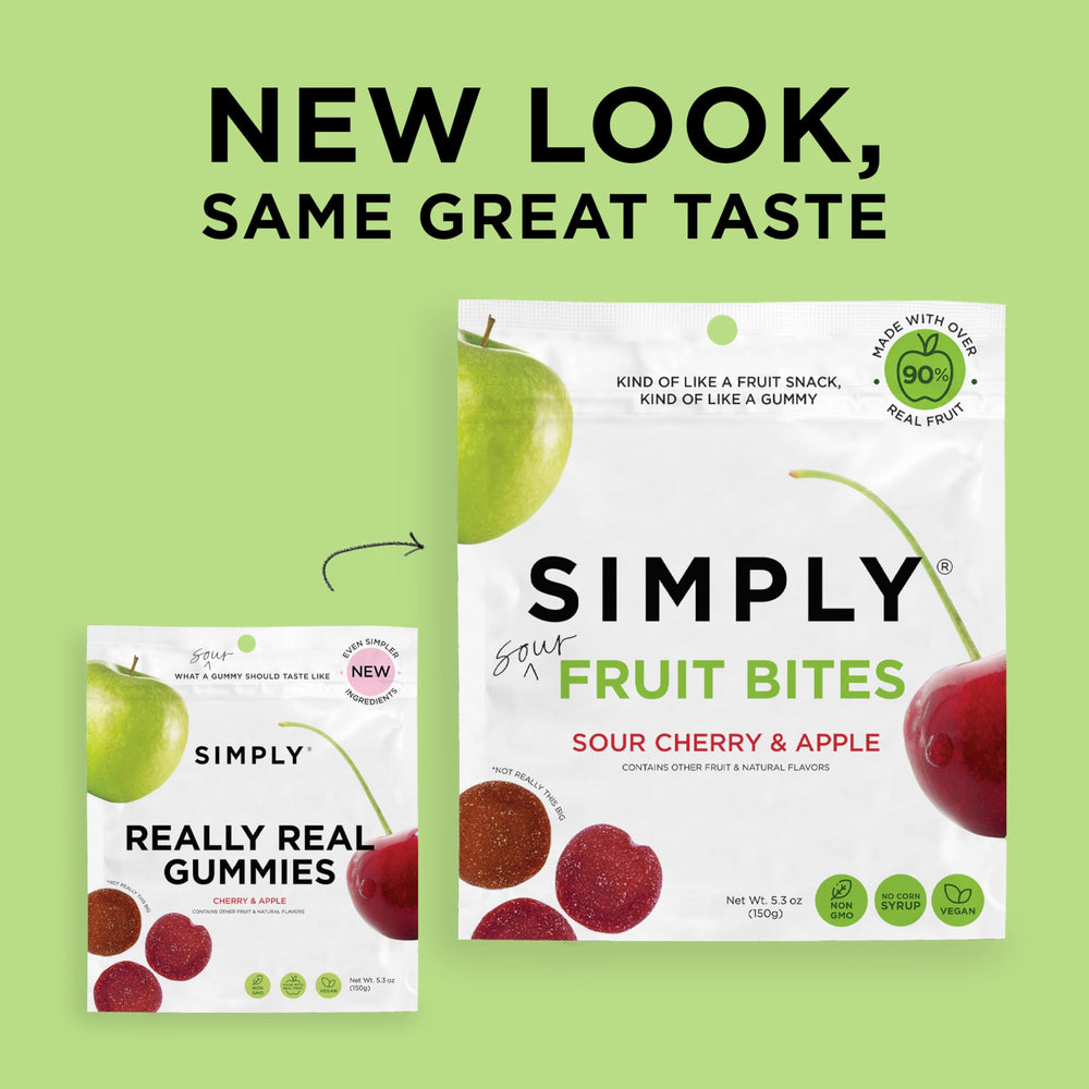 Simply Gum Fruit Bites vegan and kosher certifications shown.