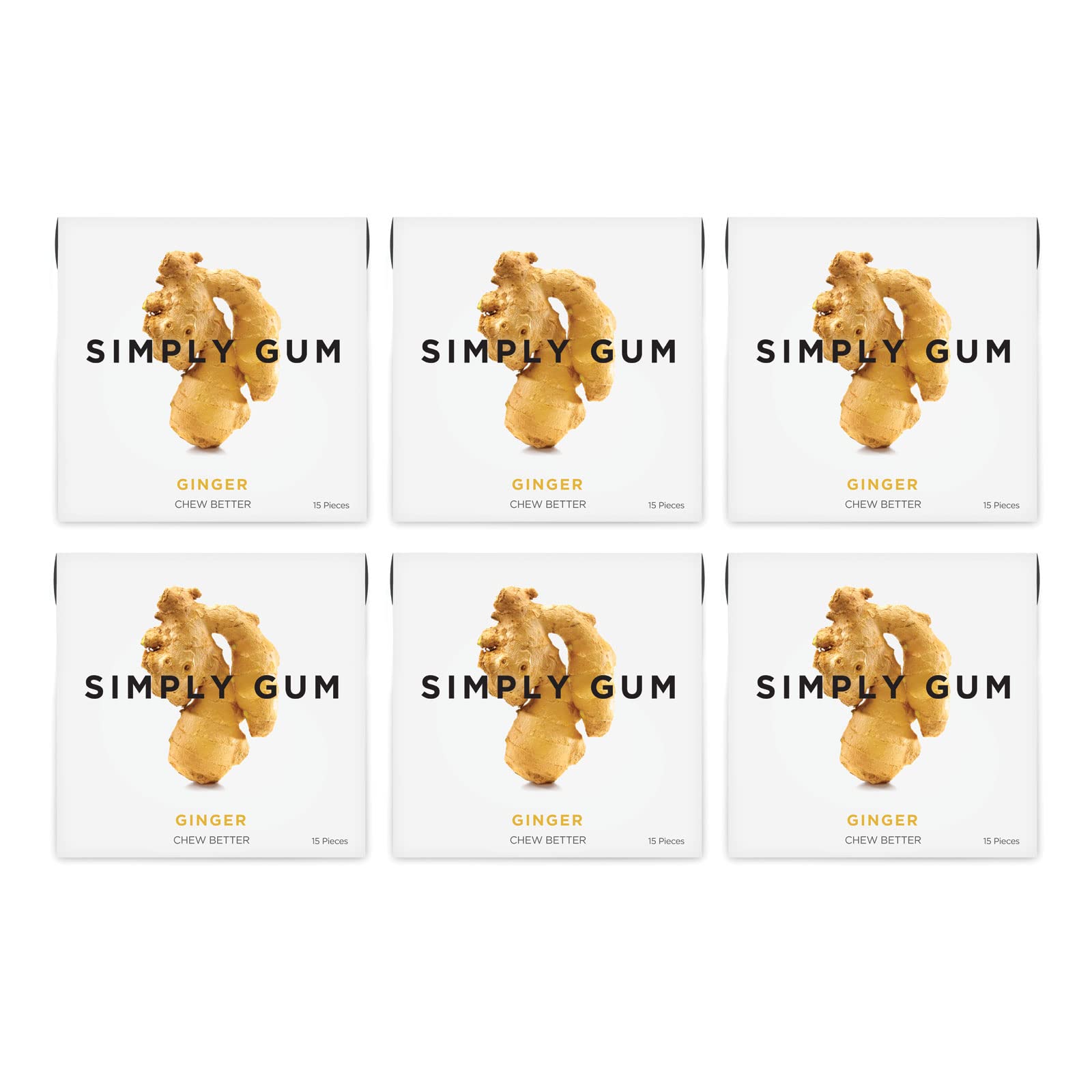 Six-pack box of SIMPLY Ginger Gum on a store shelf for easy access.