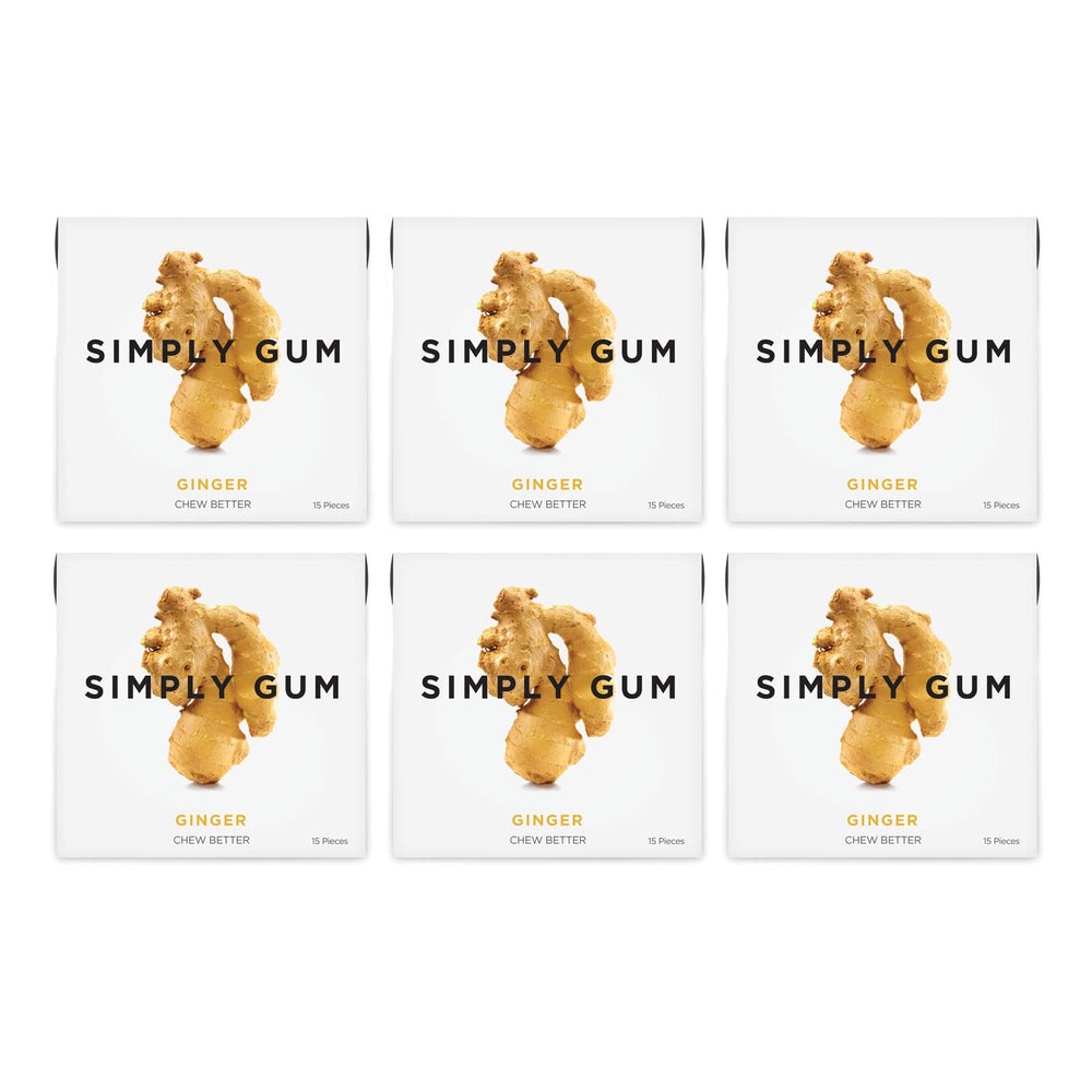 Six-pack box of SIMPLY Ginger Gum on a store shelf for easy access.