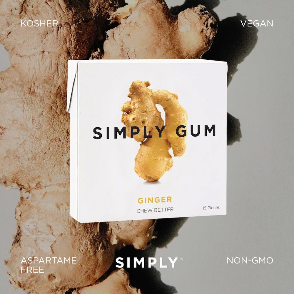 SIMPLY Gum Ginger flavor beads visible, signaling real plant oils for aroma.