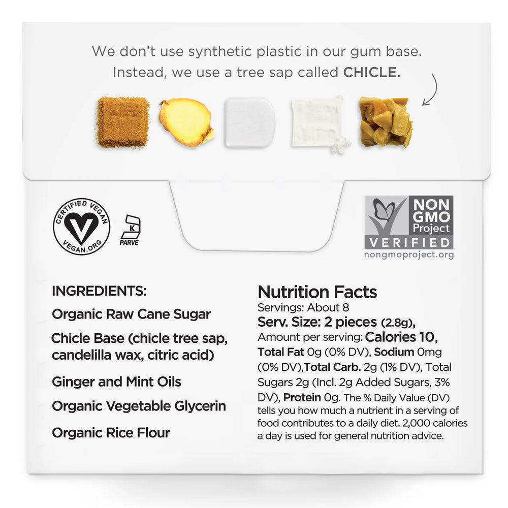 SIMPLY Gum Ginger ingredients close-up showcases plant-based oils and clean flavor.