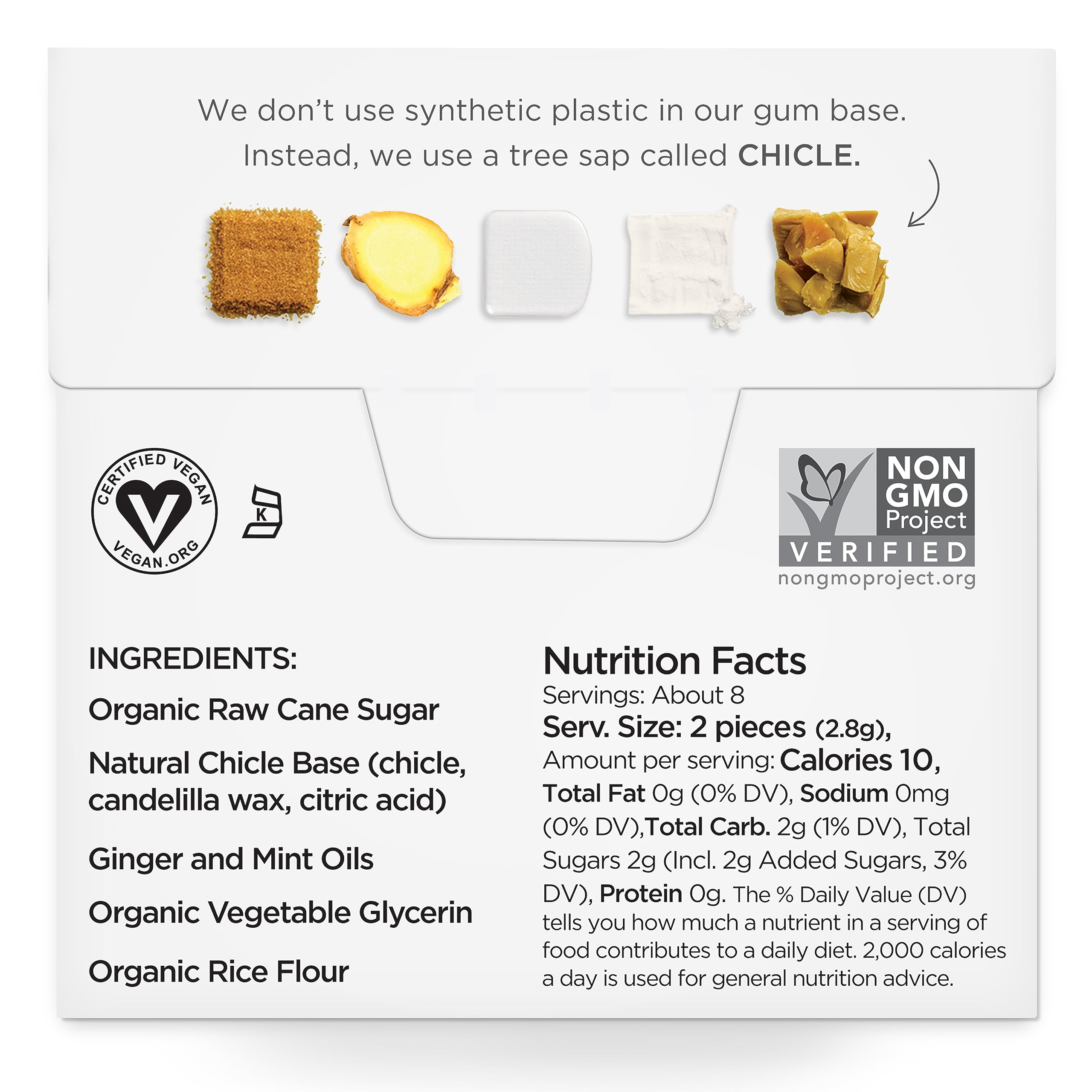 SIMPLY Gum Ginger pack back shows ingredients and certifications for mindful snacking.
