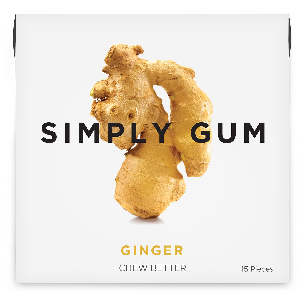 SIMPLY Gum Ginger pack highlights plastic-free, natural chew for lasting breath freshness.