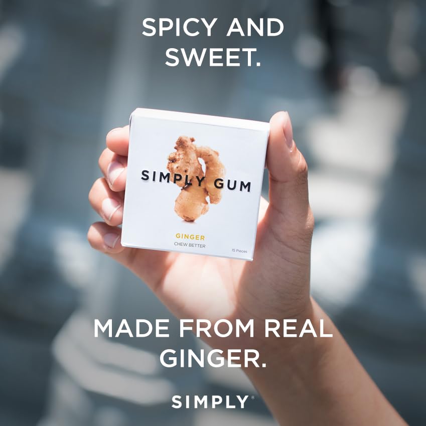 SIMPLY Gum Ginger packaging close-up emphasizes eco materials and sustainability.