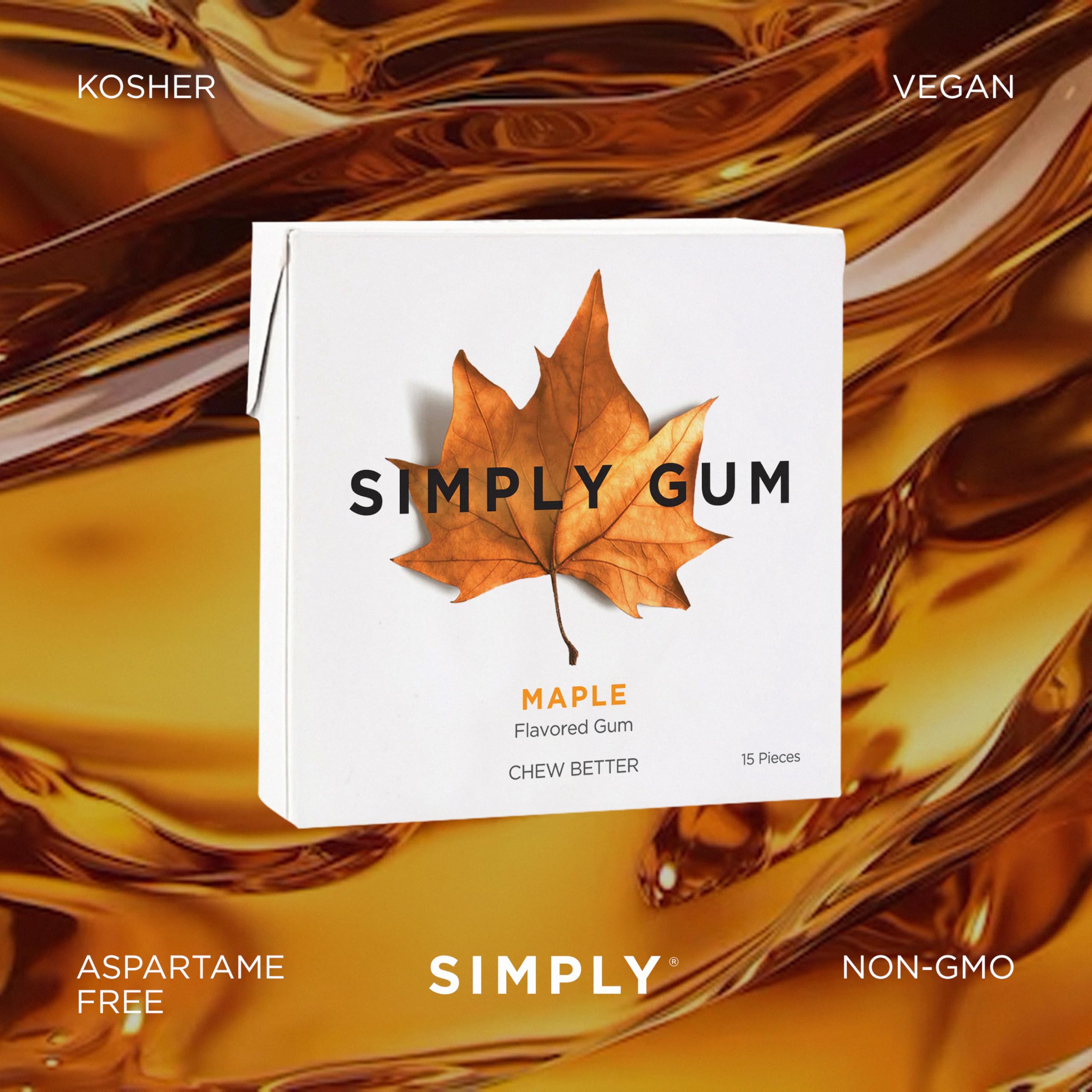 Simply Gum Maple 6-pack display on shelf signals eco-friendly convenience.