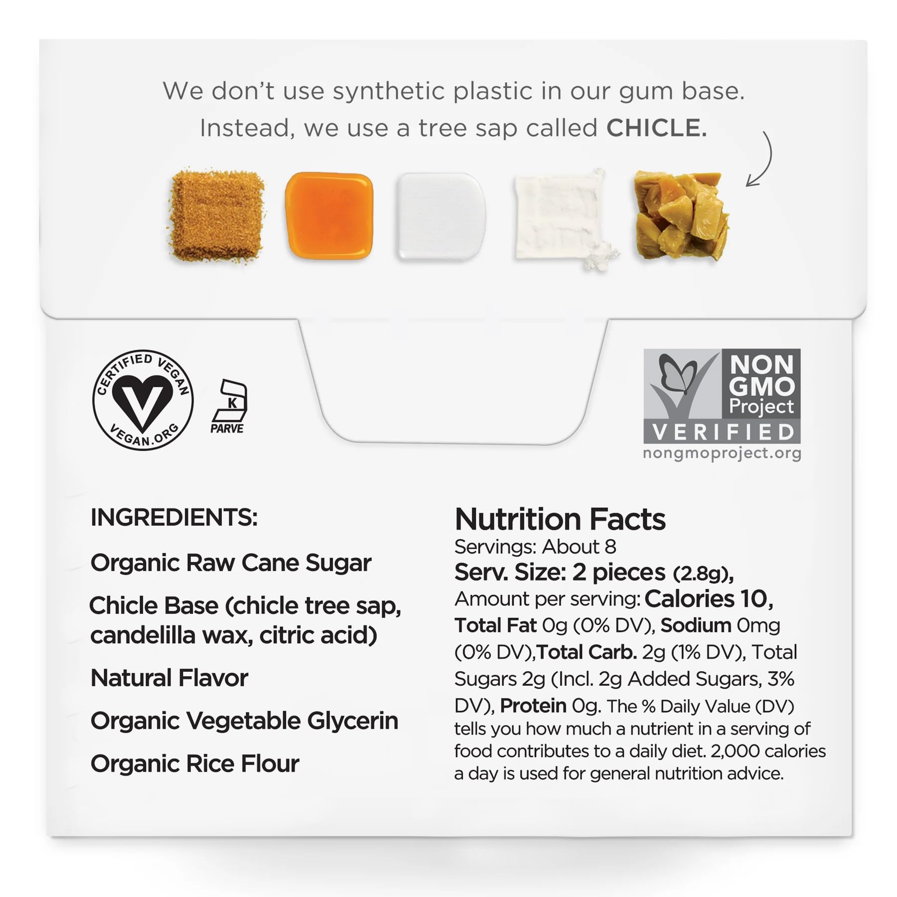 Simply Gum Maple pack side label highlights vegan and non-GMO ingredients.