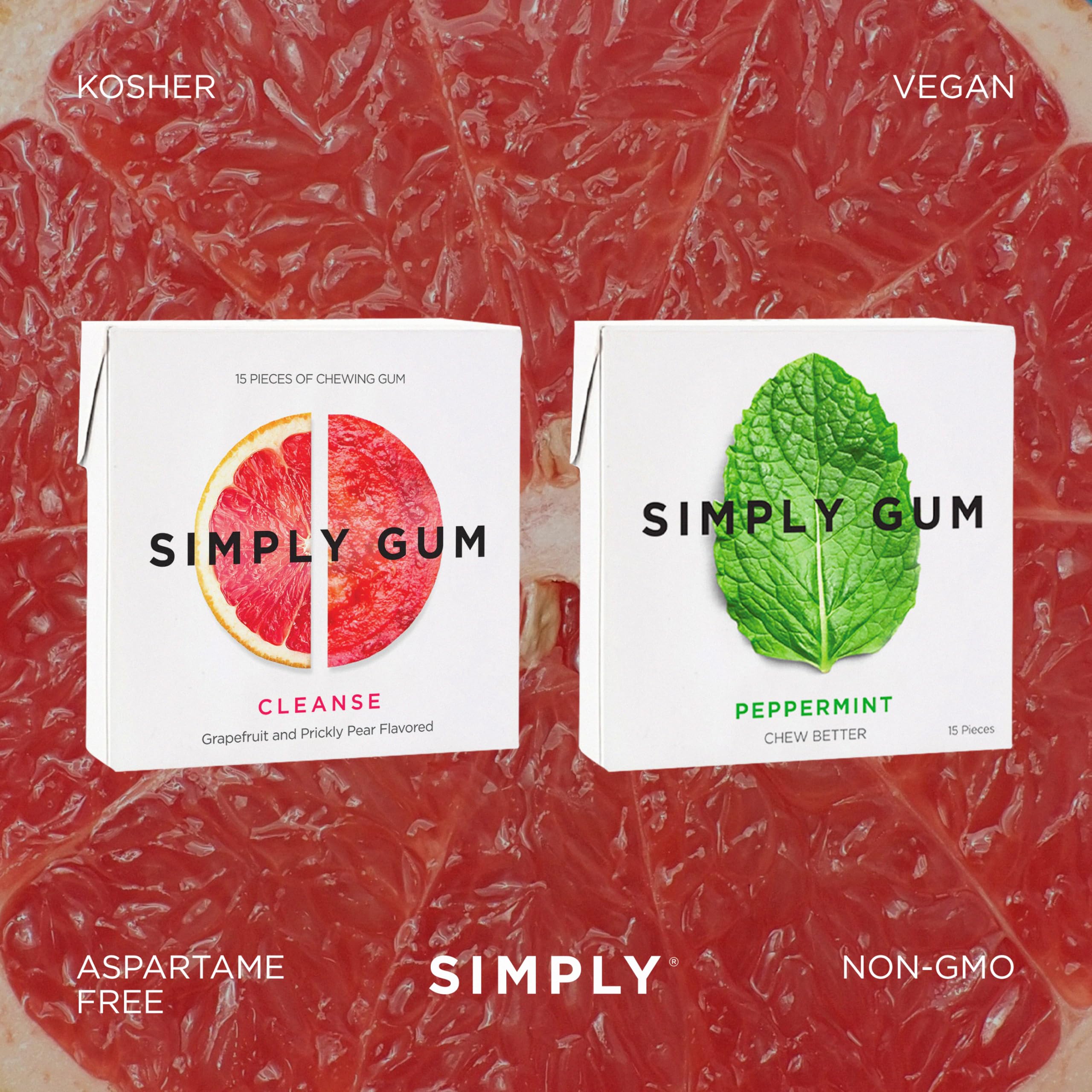 Simply Gum natural chicle close-up highlights plant-based chew without synthetic additives.
