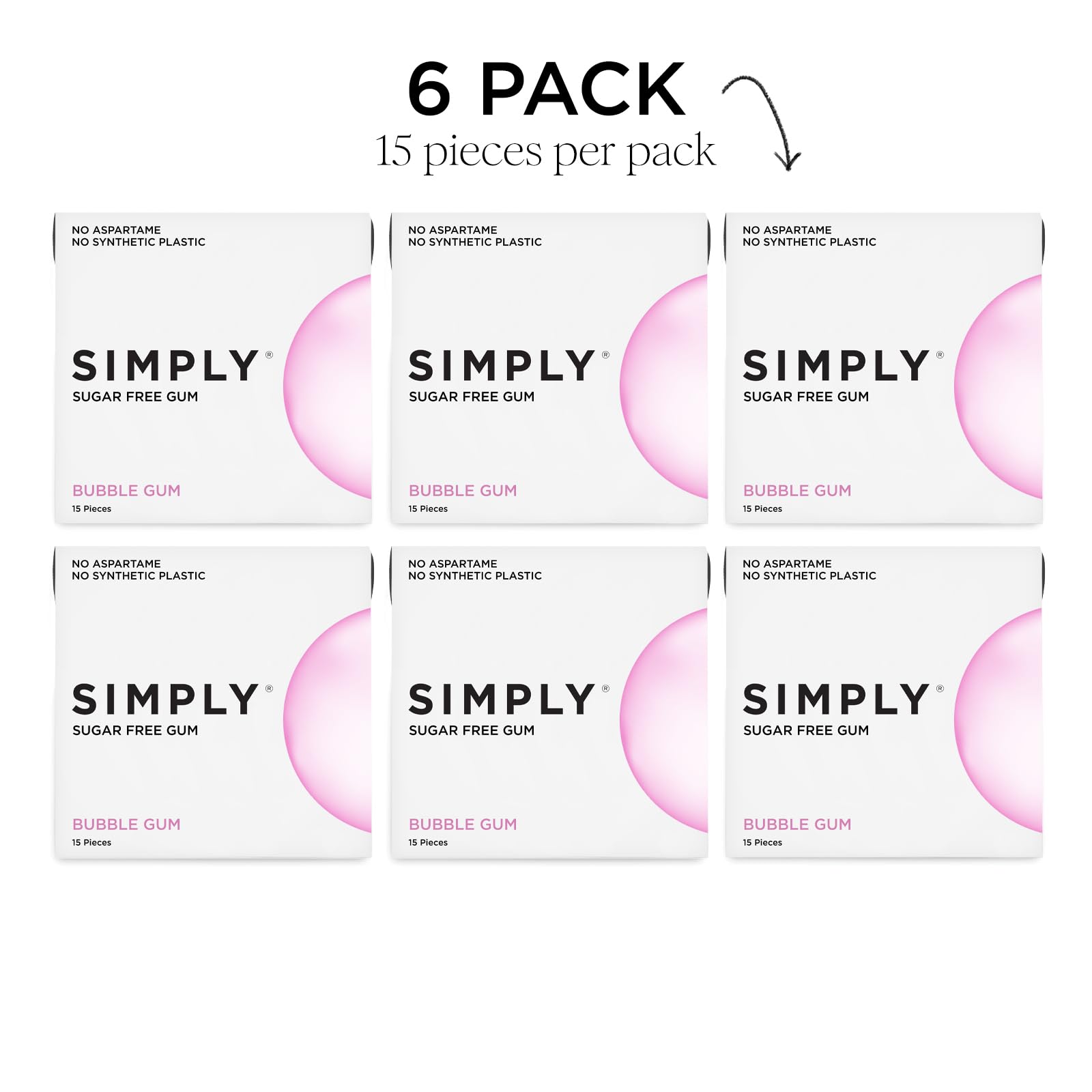 SIMPLY Gum six-pack with 90 pieces for easy sharing or travel.