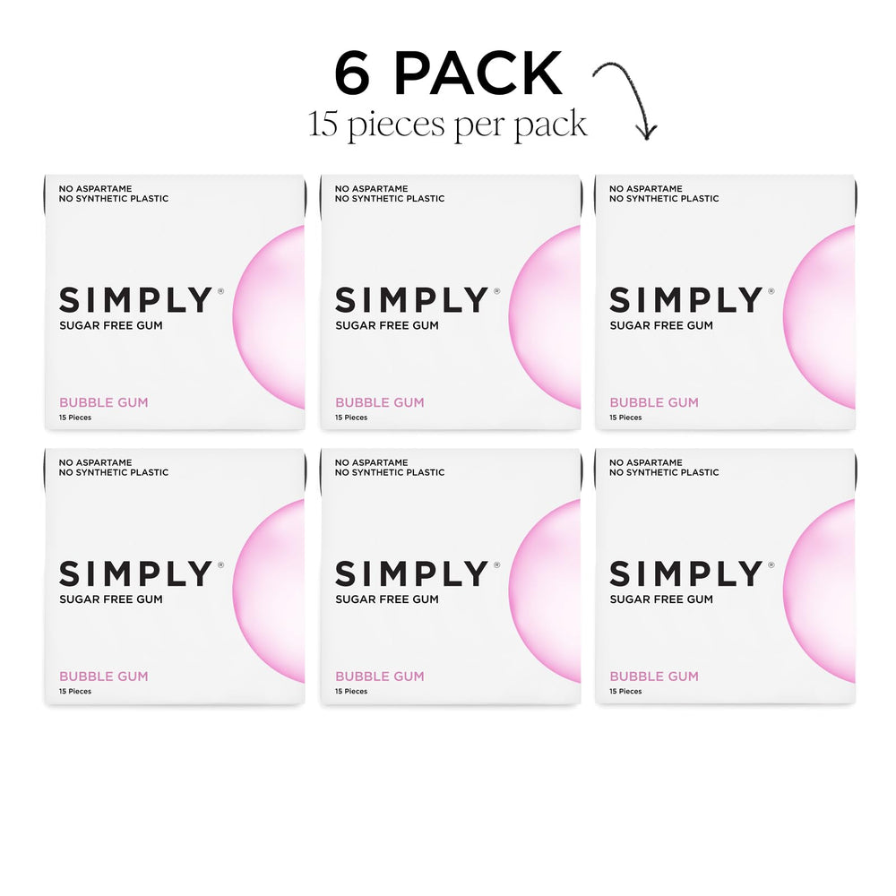 SIMPLY Gum six-pack with 90 pieces for easy sharing or travel.