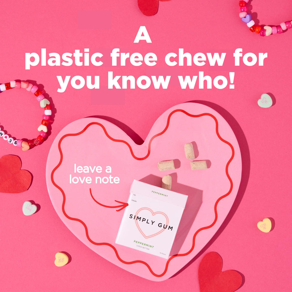 Simply Gum Peppermint gum pieces arranged, hinting at long-lasting flavor