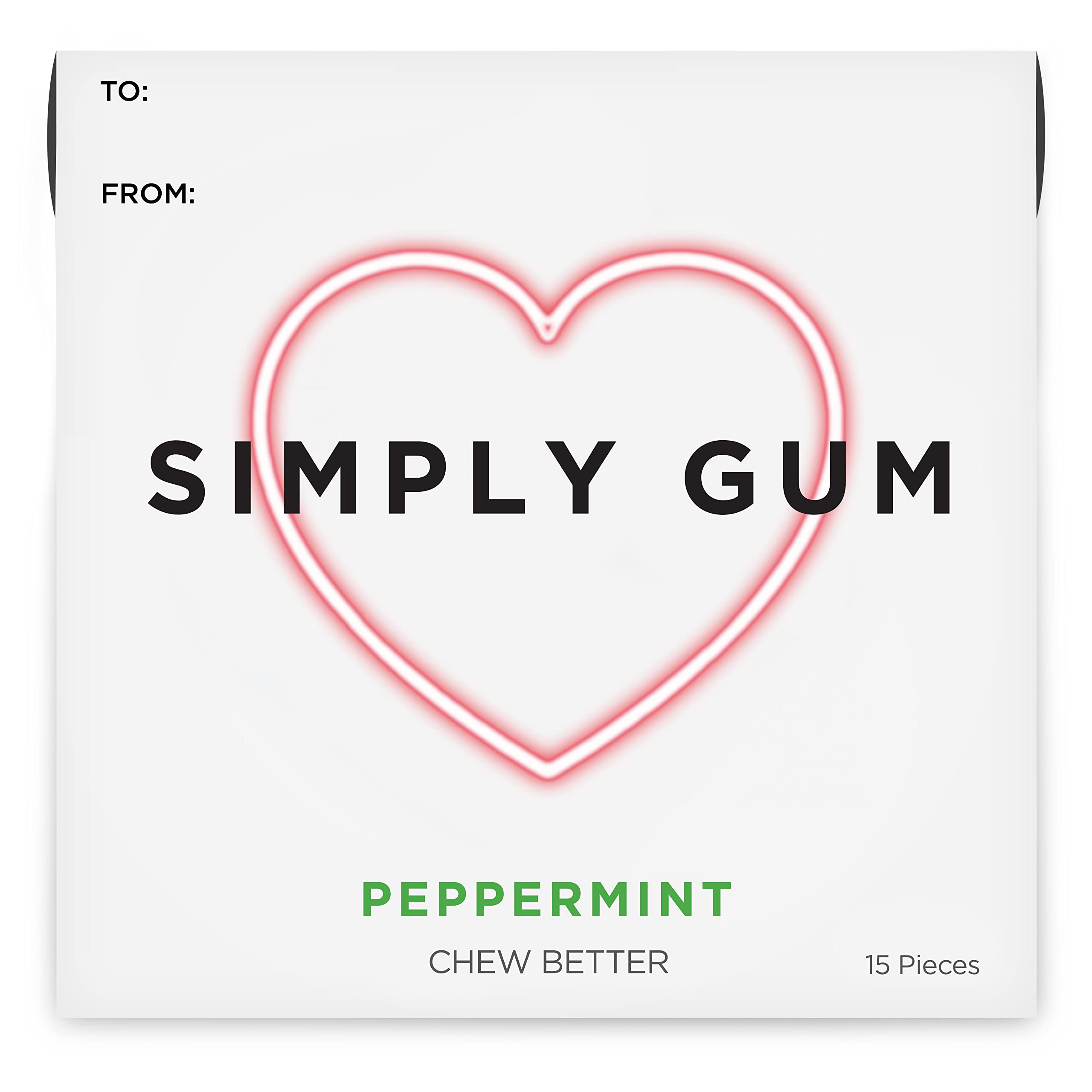 Simply Gum Peppermint heart box front view, plastic-free packaging, fresh breath potential