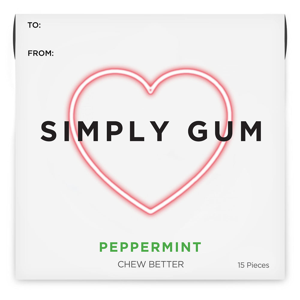 Simply Gum Peppermint heart box front view, plastic-free packaging, fresh breath potential