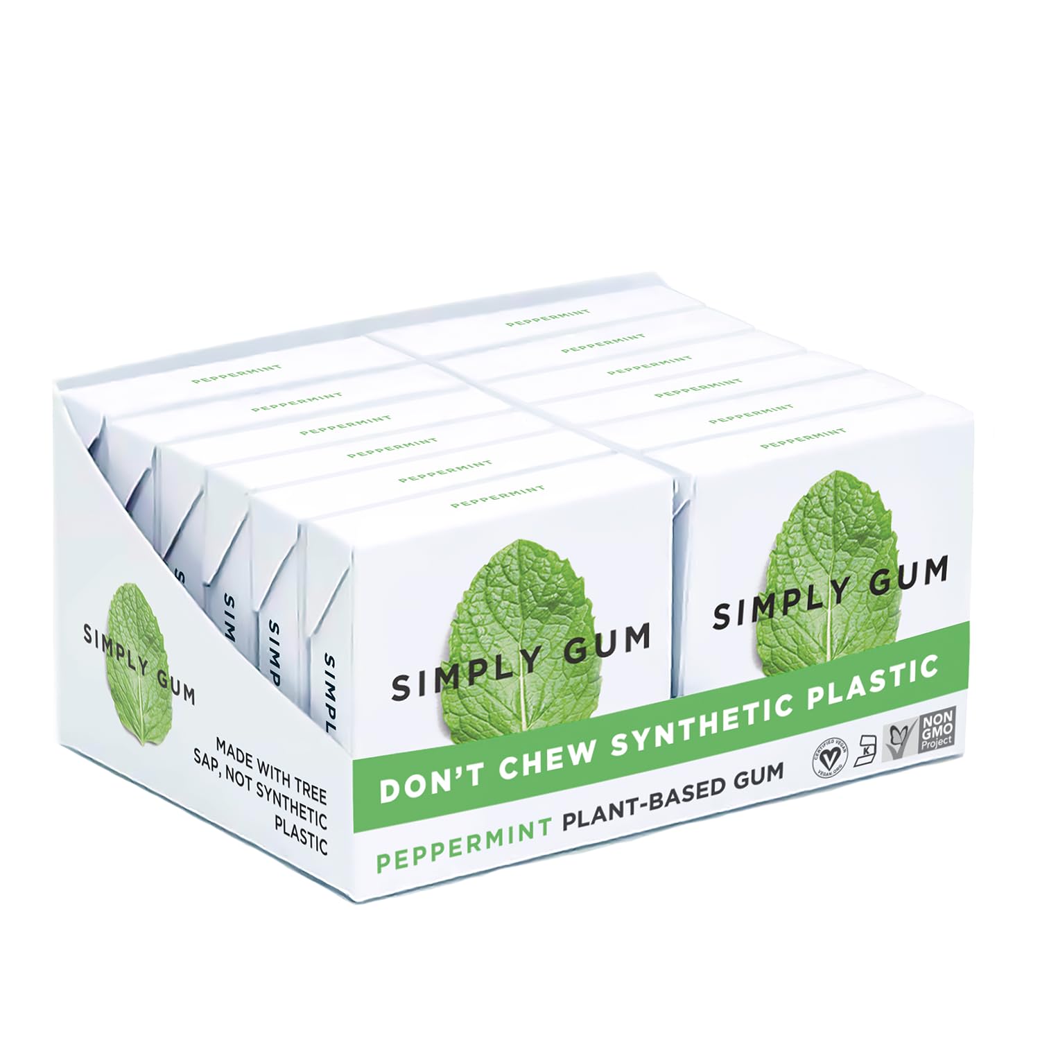 SIMPLY Gum Peppermint natural chew in plastic-free pack for breath refreshing.