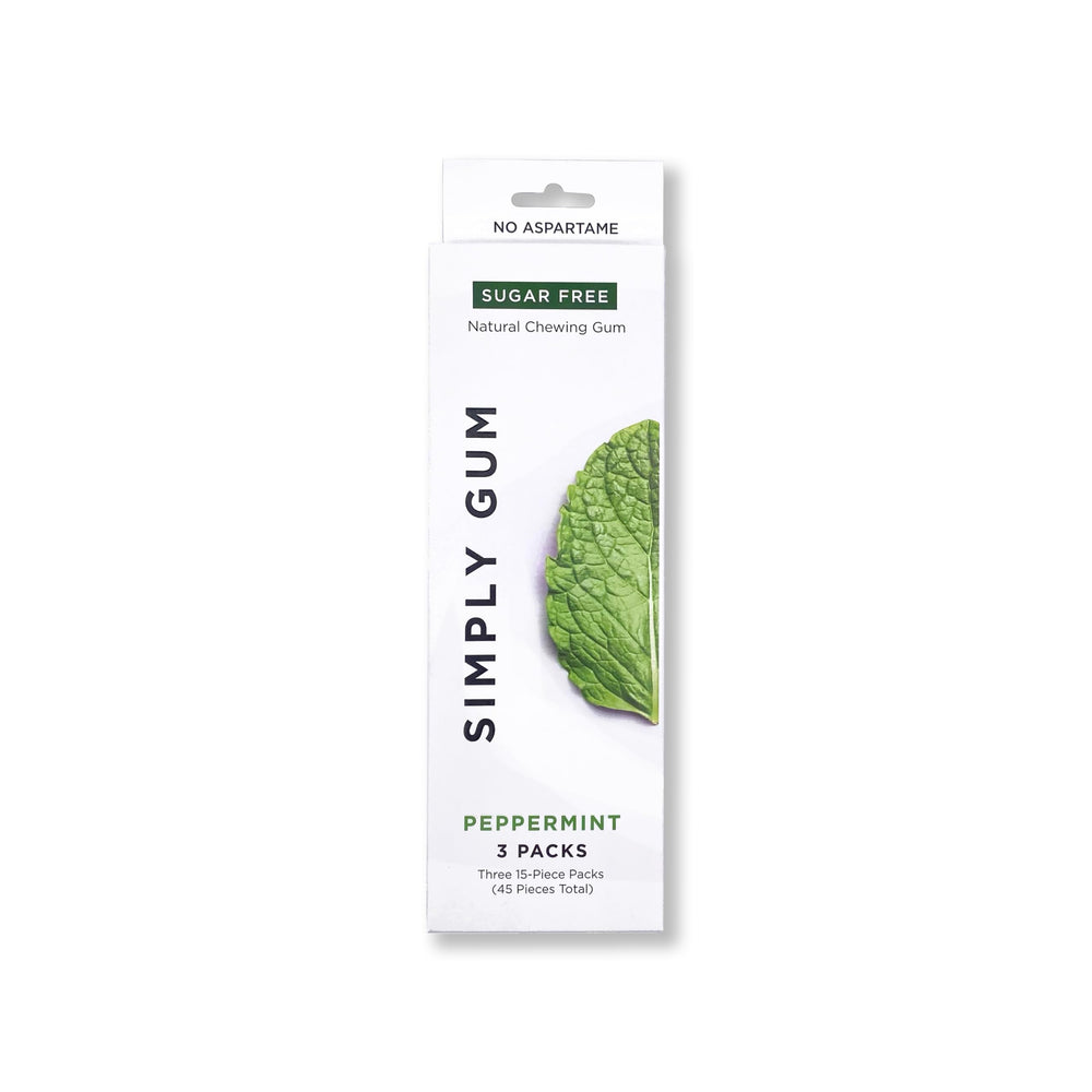 SIMPLY Gum Peppermint pack with 3 × 45 pieces shows a plastic-free, clean chewing experience.