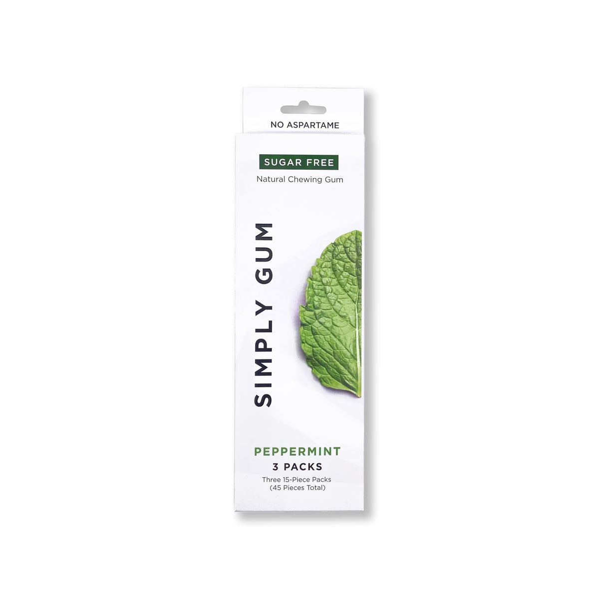 SIMPLY Gum Peppermint pack with 3 × 45 pieces shows a plastic-free, clean chewing experience.