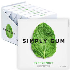 Simply Gum Peppermint pack front highlights eco-friendly packaging and fresh flavor.