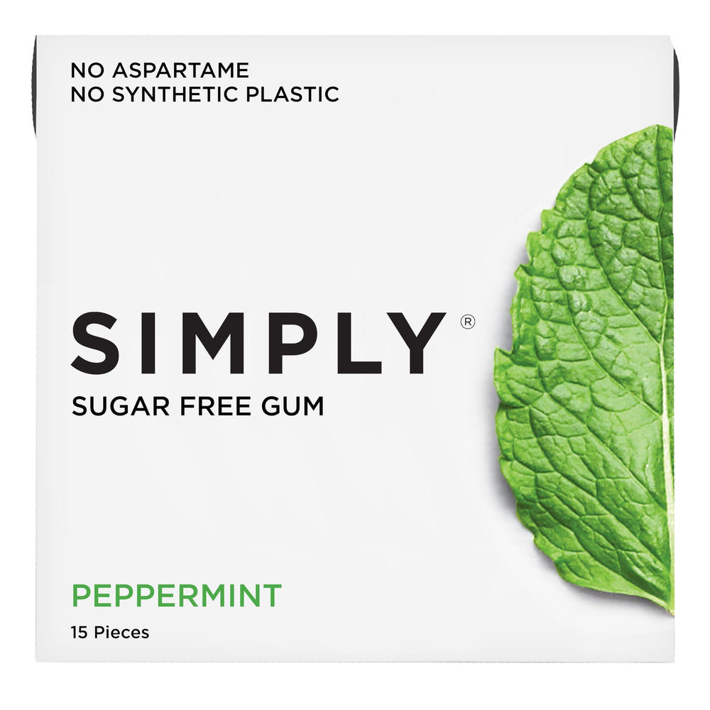 Simply Gum peppermint six-pack shows plastic-free, sugar-free breath refreshing chew.