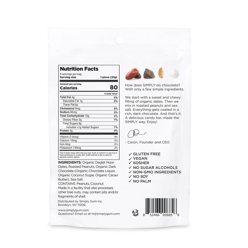 Simply Gum Salted Peanut Dark Chocolate Date Bars bar closeup highlights rich chocolate and peanut flavors.