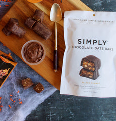 Simply Gum Salted Peanut Dark Chocolate Date Bars ingredients highlight dates, dark chocolate, and roasted peanuts.