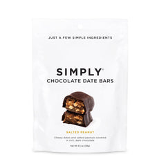 Simply Gum Salted Peanut Dark Chocolate Date Bars packaging showcases premium ingredients for on-the-go snacking.