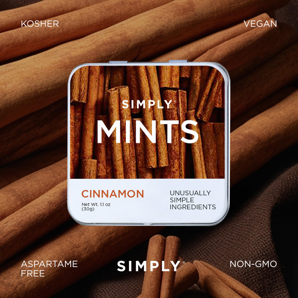 Close-up of Simply Gum SIMPLY MINTS highlighting real cinnamon oil aroma