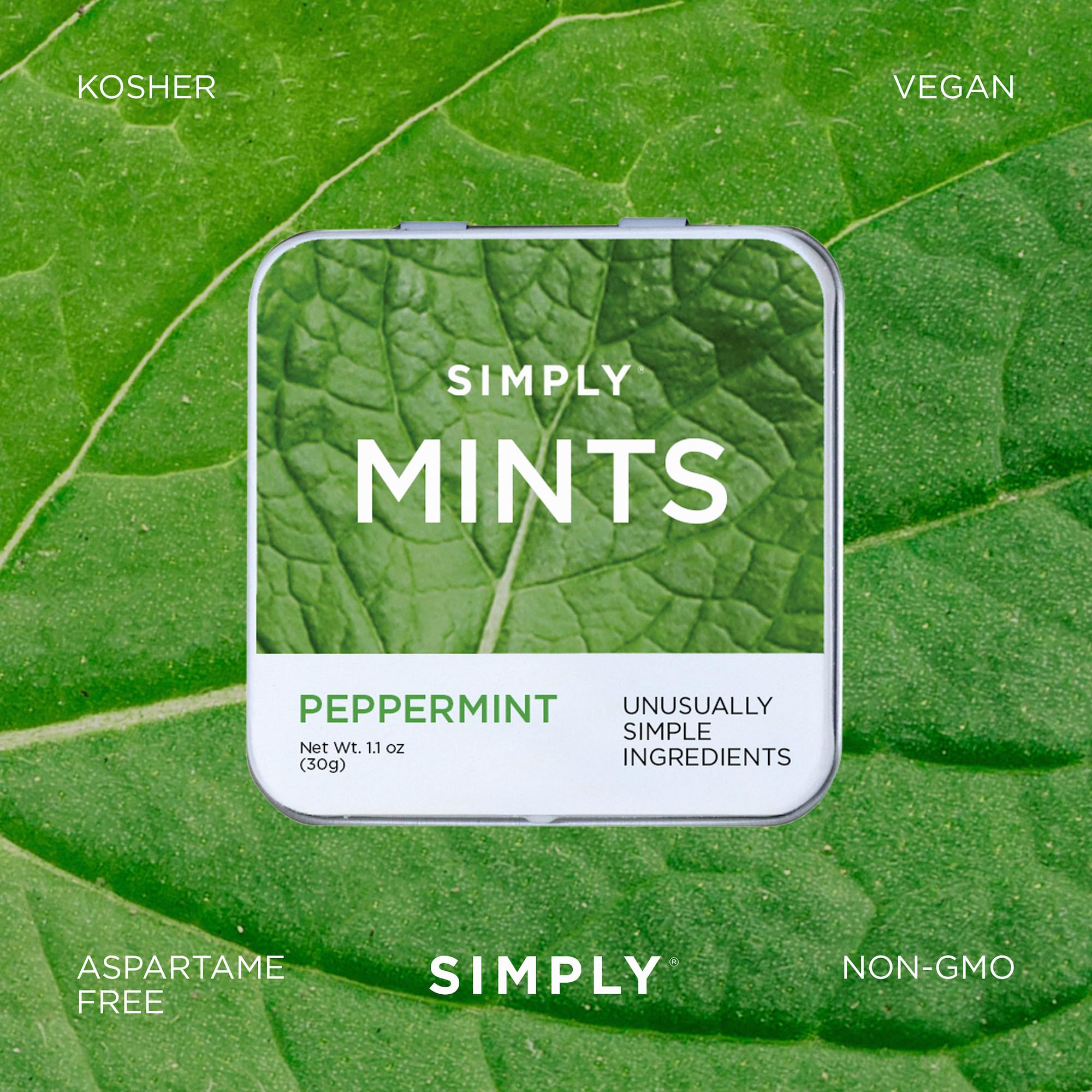 Open metal tin of SIMPLY MINTS revealing mints and clean label.
