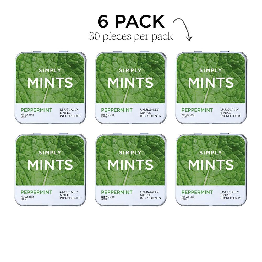 Close-up of SIMPLY MINTS showing real peppermint oil droplets for pure flavor.