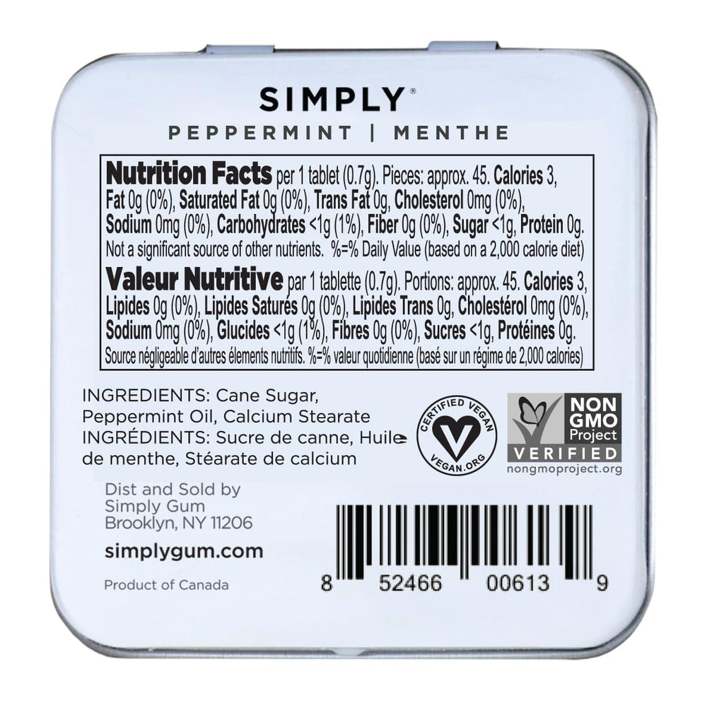 Six tins travel display of SIMPLY MINTS for on-the-go breath refresh.