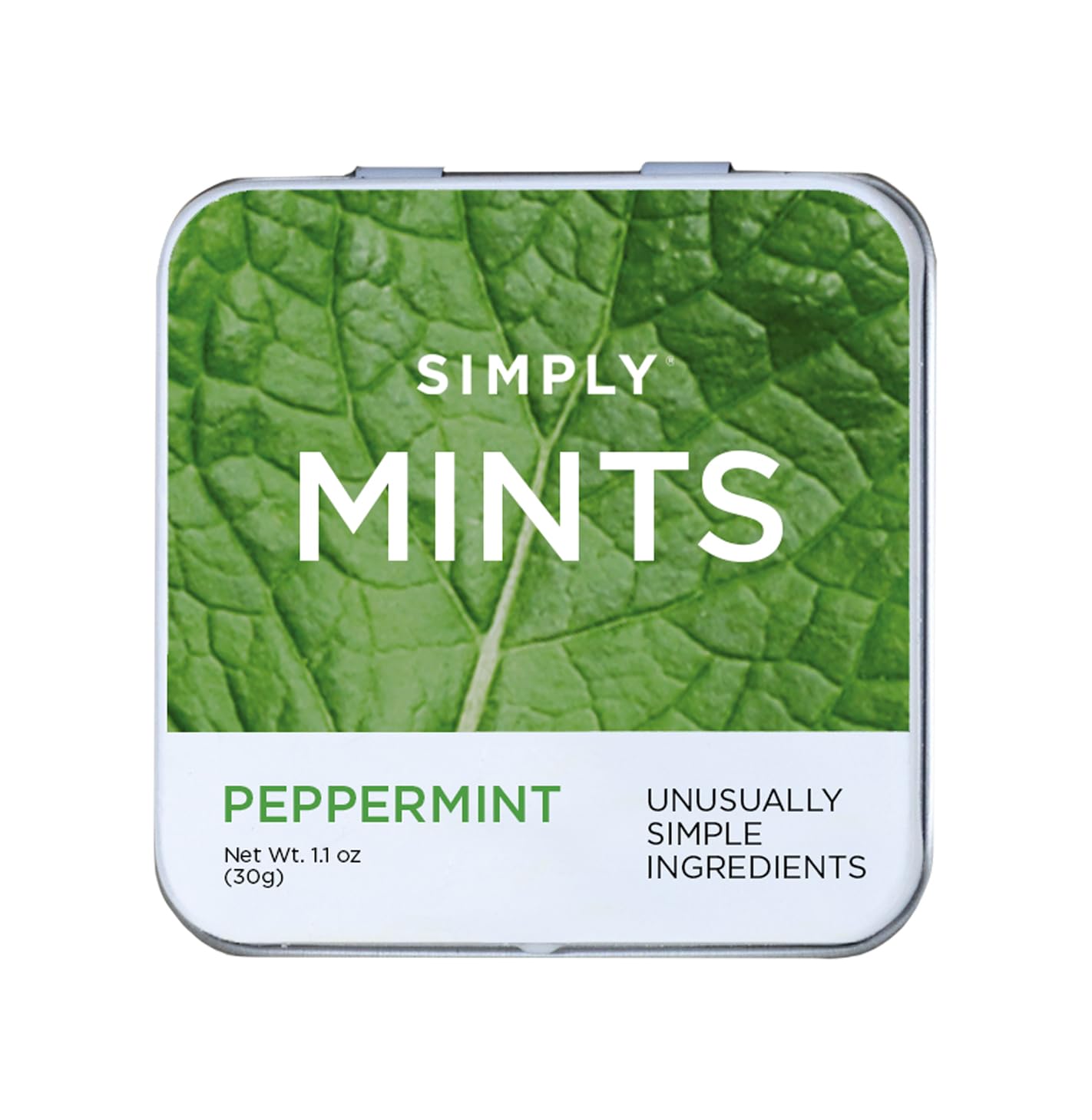 Simply Gum SIMPLY MINTS tin close-up highlighting real peppermint oil for lasting freshness.