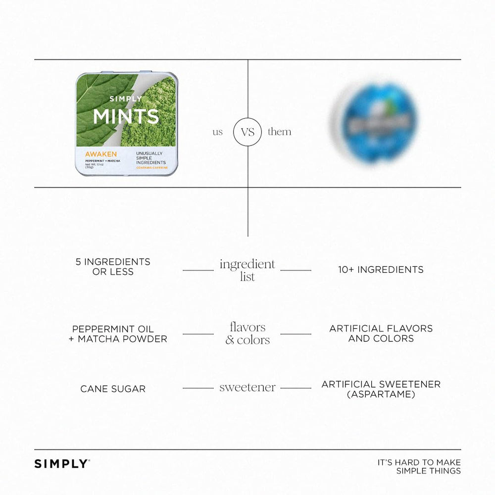 Vegan, non-GMO, kosher Simply Mints with no artificial sweeteners.