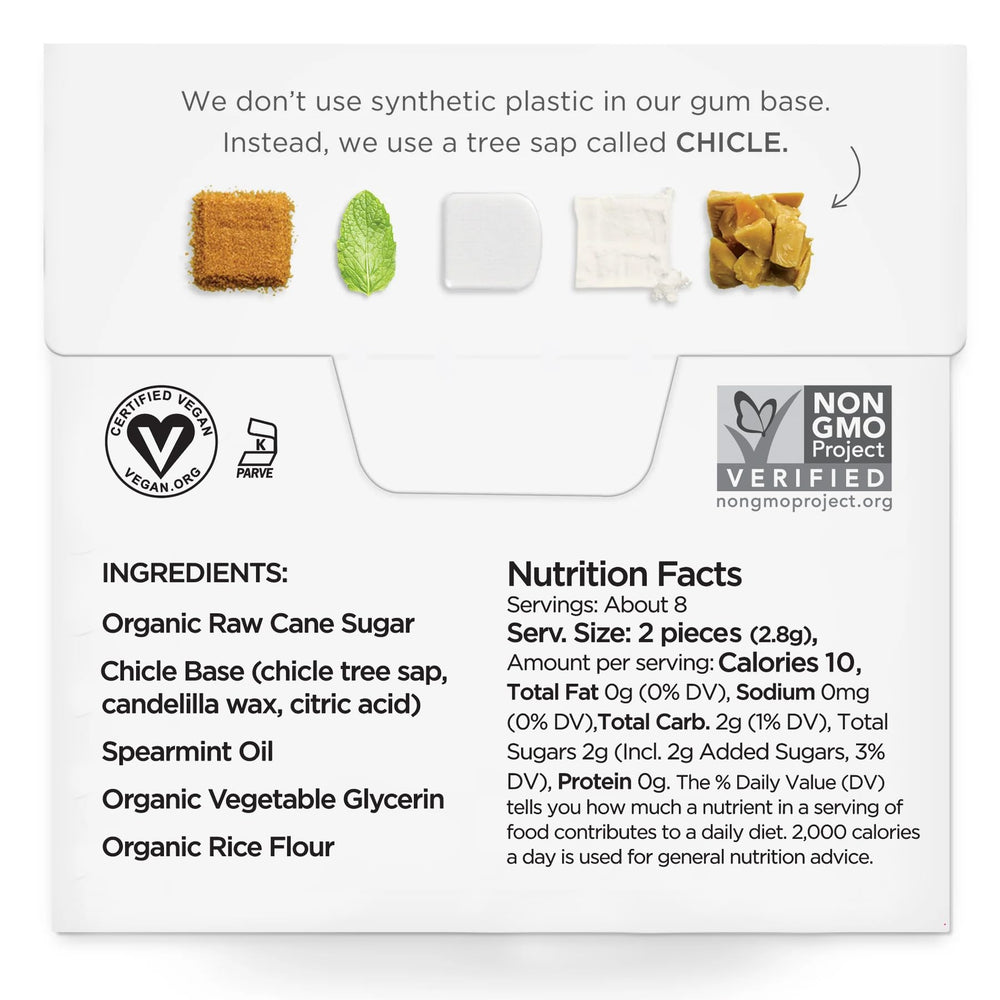 SIMPLY Gum Spearmint pack back with certifications and ingredient notes