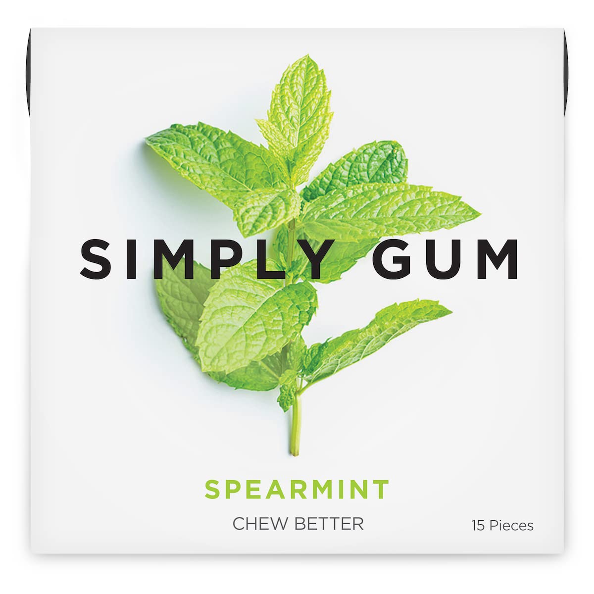 SIMPLY Gum Spearmint pack front showing plastic-free chew and fresh breath potential