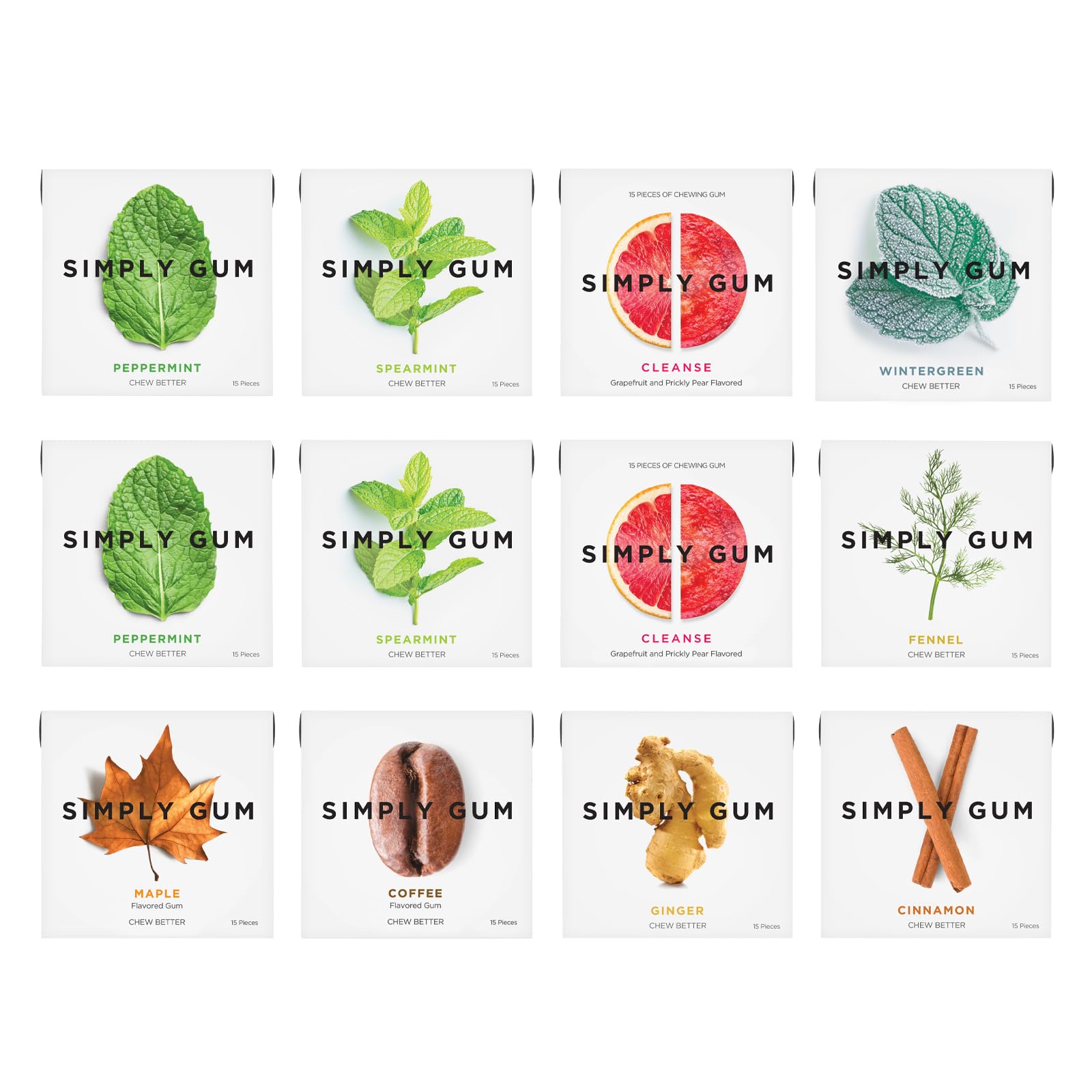 Simply Gum variety pack box showcasing plastic-free chewing with assorted flavors for fresher breath.