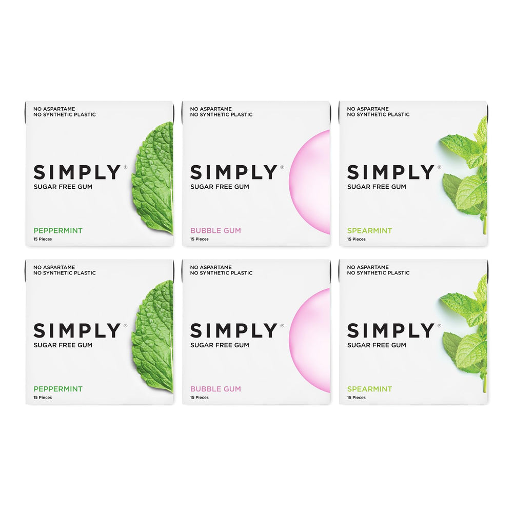 SIMPLY Gum variety pack Bubblegum image shows plastic-free chew for long-lasting freshness