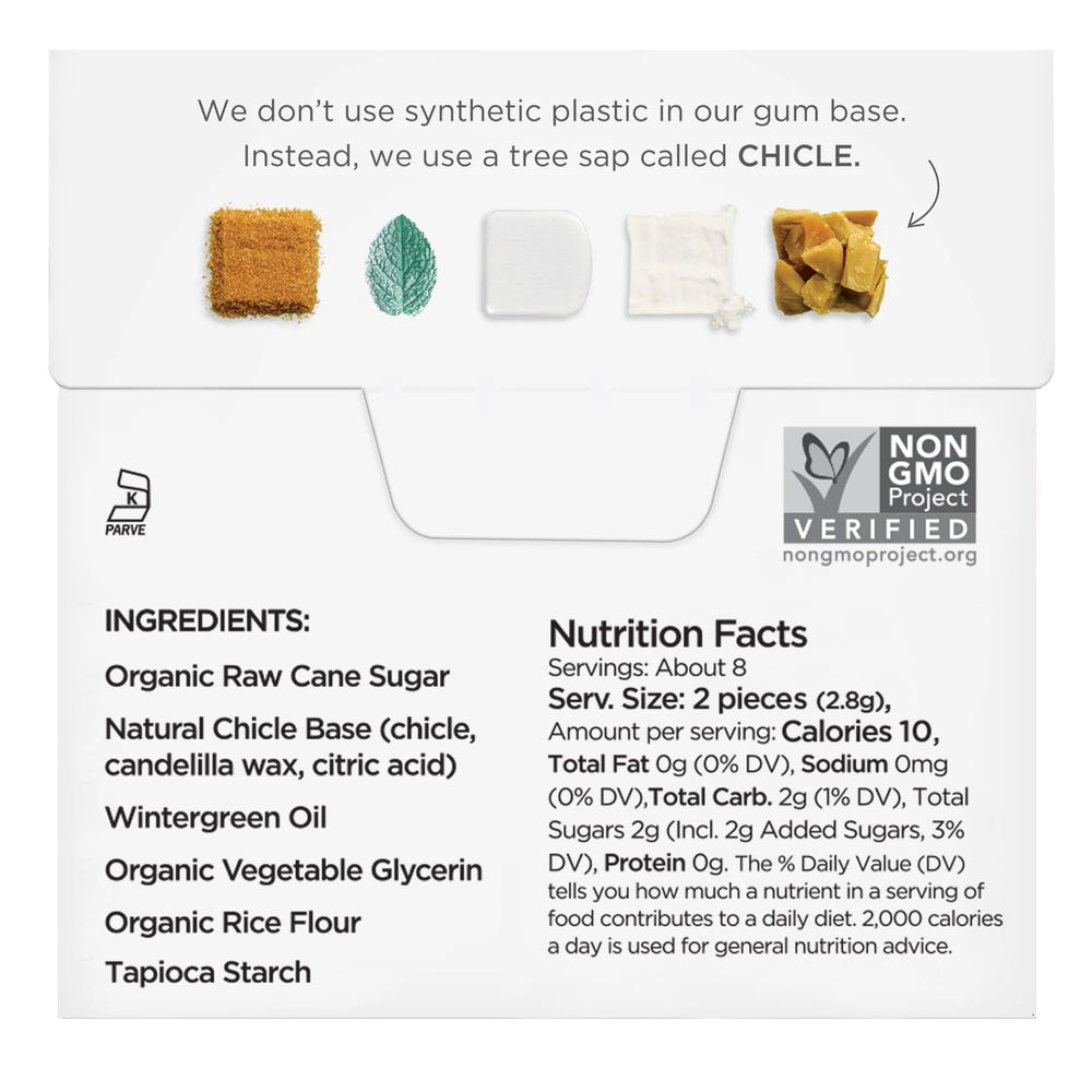 SIMPLY Gum Wintergreen pack shot highlights a 6-pack of natural chewing gum.