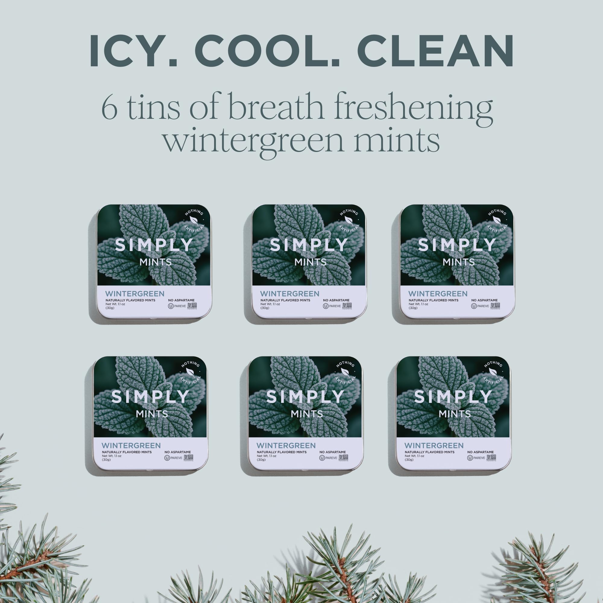 Label on Simply Mints wintergreen tin highlights clean ingredients and no artificial flavors.