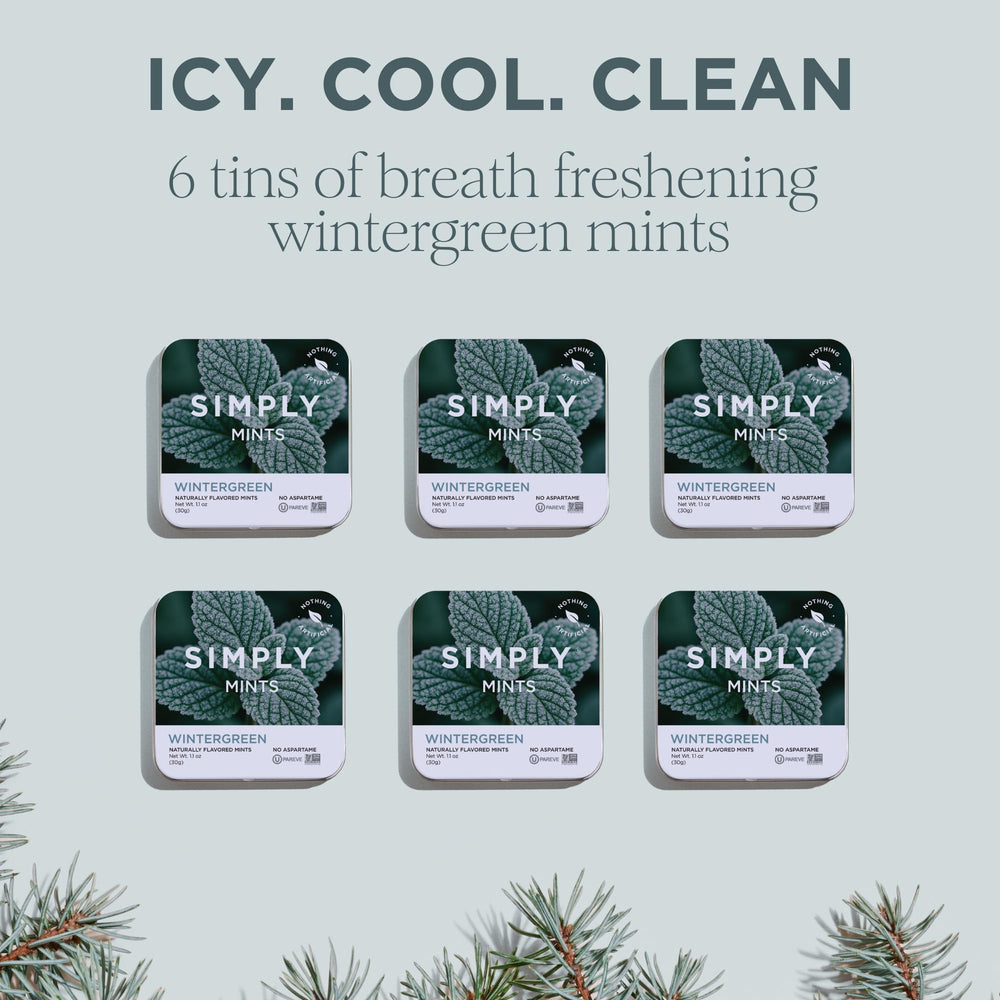Label on Simply Mints wintergreen tin highlights clean ingredients and no artificial flavors.