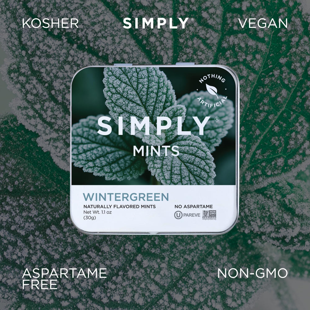 Six-pack Simply Mints wintergreen travel tin is ideal for bags and cars.
