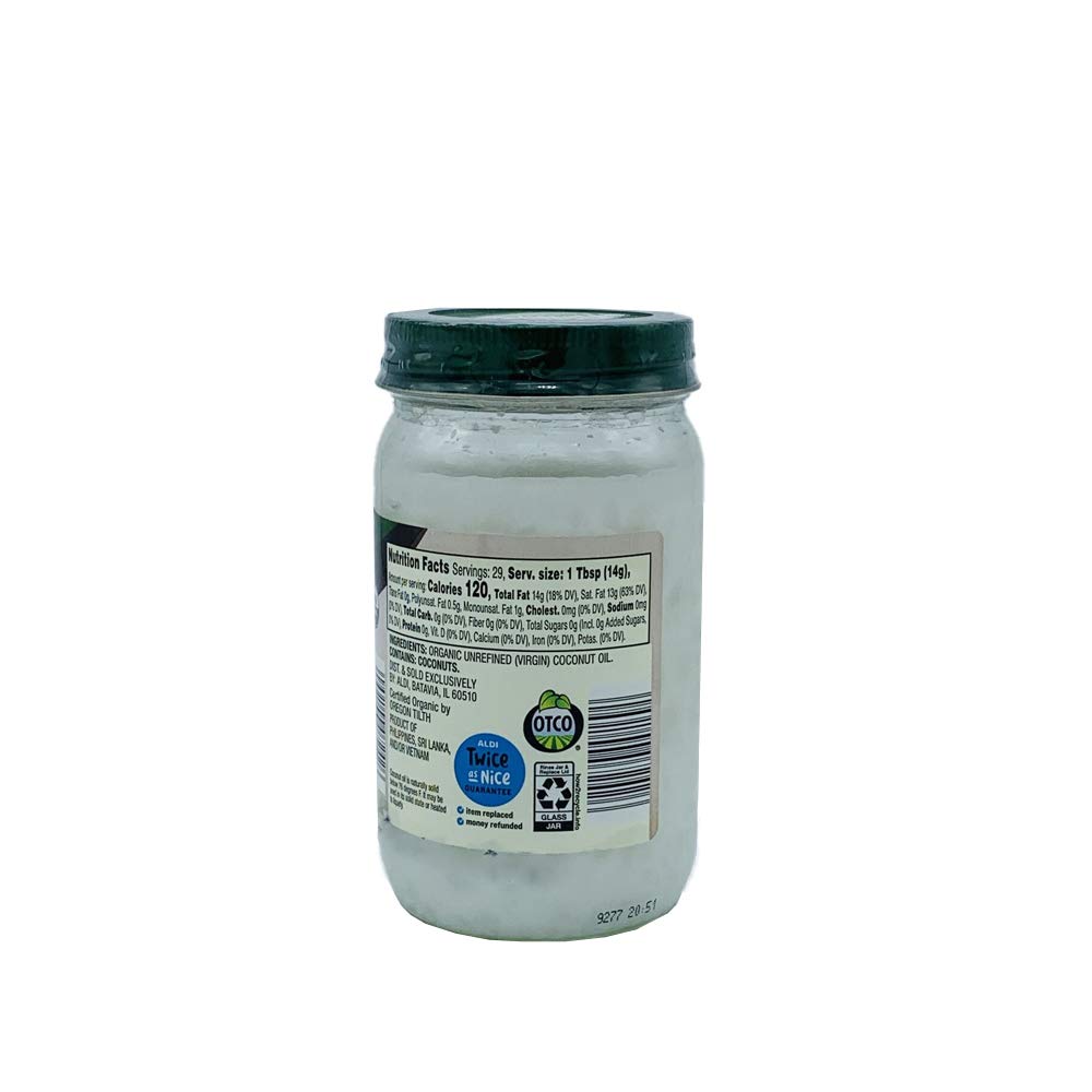 Simply Nature Unrefined Coconut Oil bottle for baking, adds mild coconut flavor.