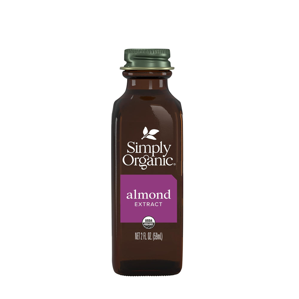 Simply Organic Almond Extract bottle showcases rich aroma for baking and drinks.