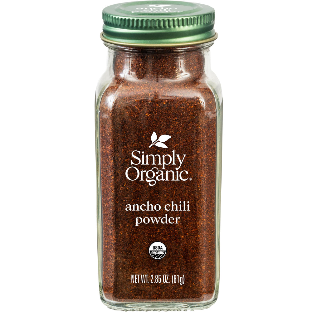 Simply Organic ancho chili powder bottle highlighting rich smoky flavor for authentic Mexican cooking