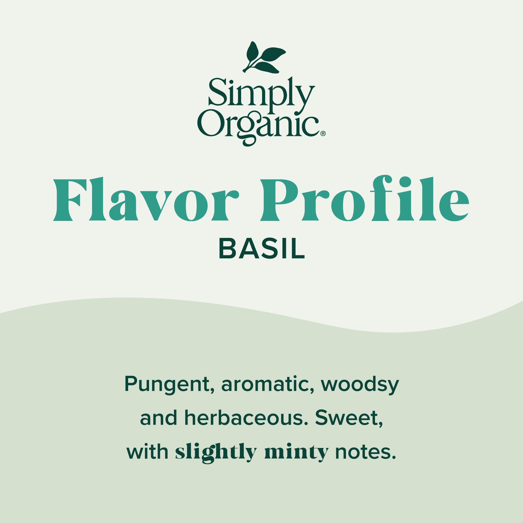 Simply Organic Basil Leaf pour closeup demonstrates vibrant herbaceous notes ideal for pizza and pasta.